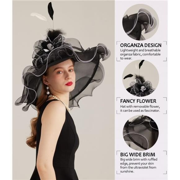 Women's Kentucky Derby Church Dress Hat 10-black,white - Picture 4 of 7